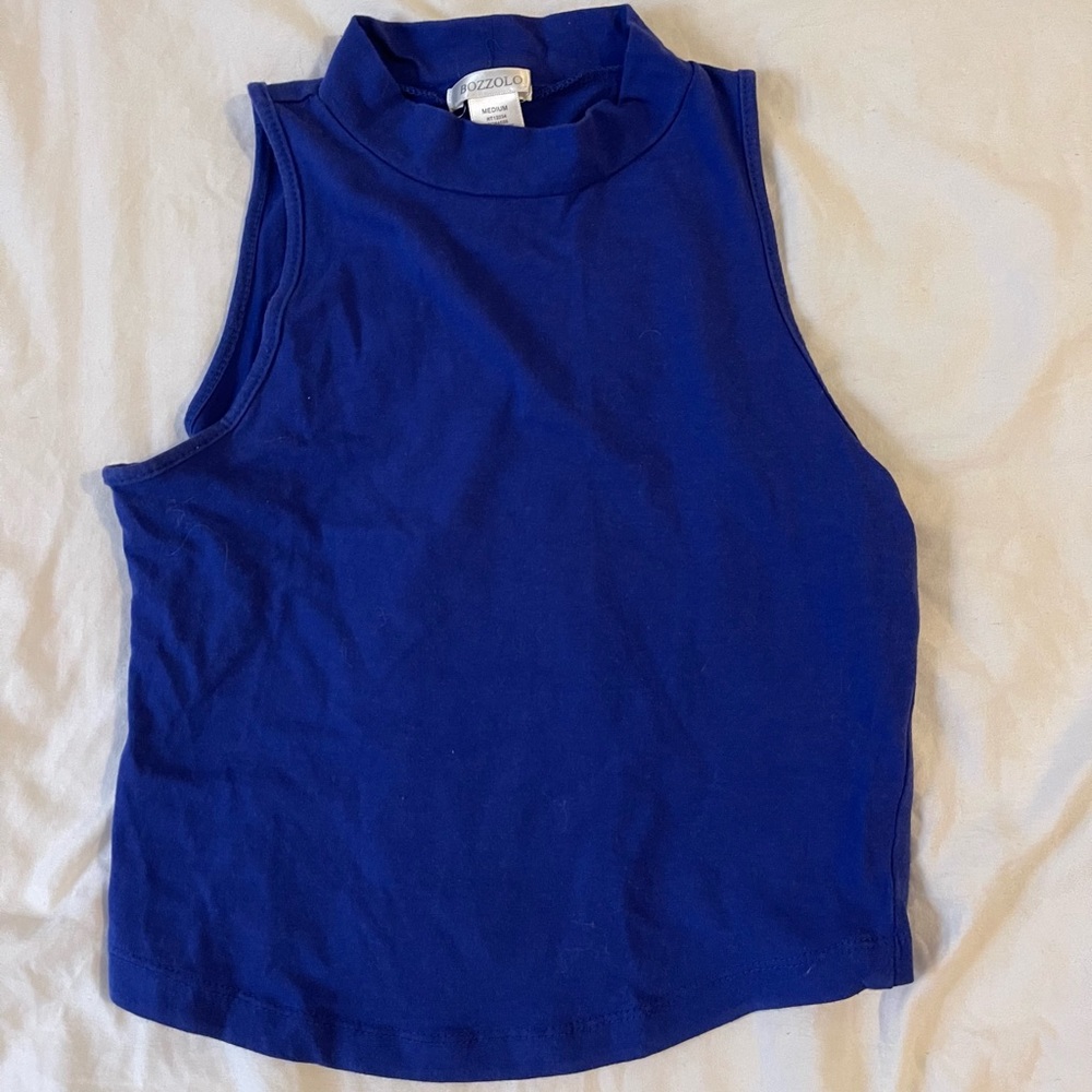 Blue Mock Neck Sleeveless Crop Top